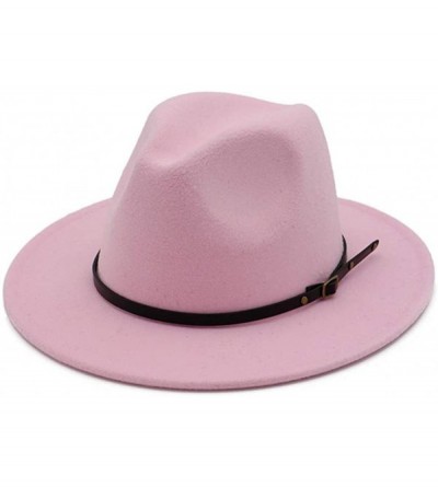 Fedoras Women's Classic Wide Brim Fedora Hat with Belt Buckle Felt Panama Hat - Pink - CI18KCE074R $26.37
