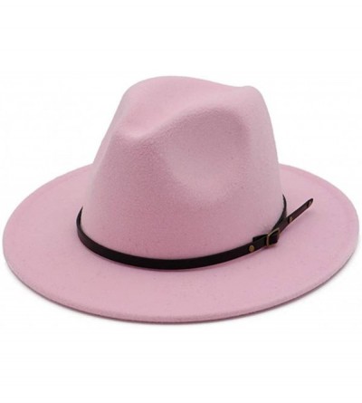 Fedoras Women's Classic Wide Brim Fedora Hat with Belt Buckle Felt Panama Hat - Pink - CI18KCE074R $11.56