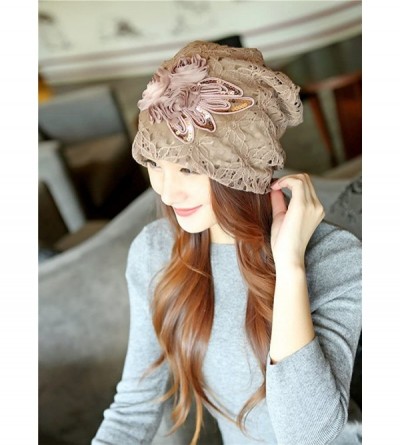 Skullies & Beanies Womens Lace Flower Beanie Hat Slouchy Hip-hop Skull Cap Warm Turban - Khaki - CG1862D6MG5 $8.81