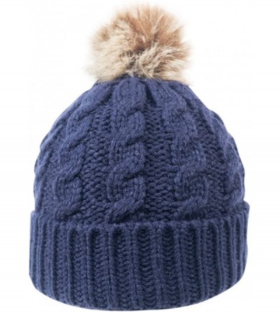 Skullies & Beanies Women's Winter Soft Knit Beanie Hat with Faux Fur Pom Pom - No Fleece Lined_navy - CI188HN64TR $27.78