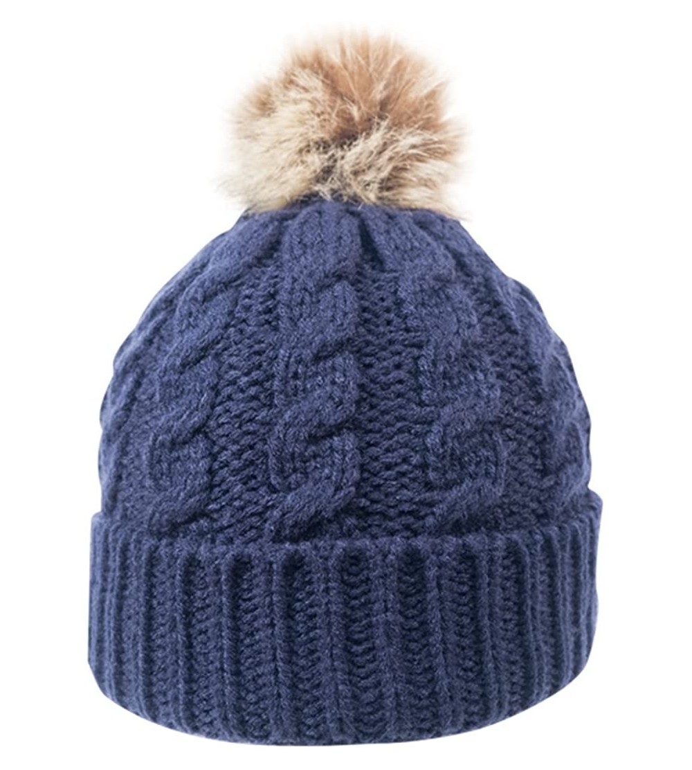 Skullies & Beanies Women's Winter Soft Knit Beanie Hat with Faux Fur Pom Pom - No Fleece Lined_navy - CI188HN64TR $12.31