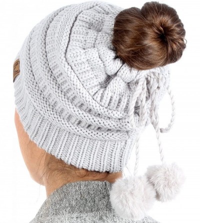 Skullies & Beanies Women's Ponytail Messy Bun Beanie Ribbed Knit Hat Cap with Adjustable Pom Pom String - Light Grey - CM18H4...