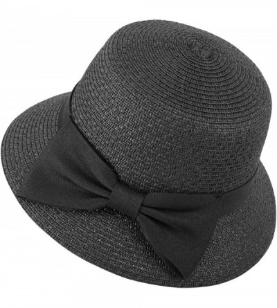 Sun Hats Women's Foldable/Packable Wide Brim Braided Straw Sunhat w/Large Decorative Bow - Black - C718C3GY9TL $15.44
