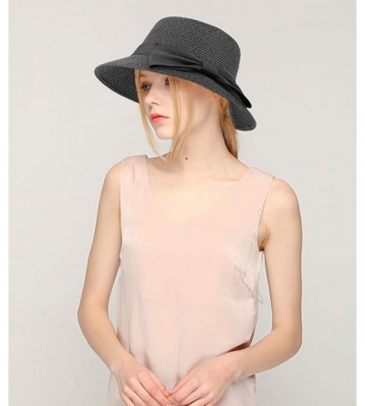 Sun Hats Women's Foldable/Packable Wide Brim Braided Straw Sunhat w/Large Decorative Bow - Black - C718C3GY9TL $15.44
