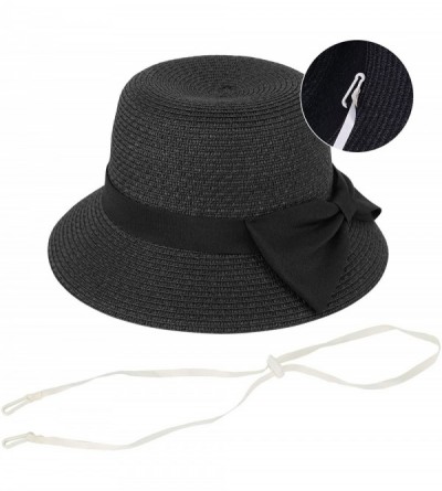 Sun Hats Women's Foldable/Packable Wide Brim Braided Straw Sunhat w/Large Decorative Bow - Black - C718C3GY9TL $15.44