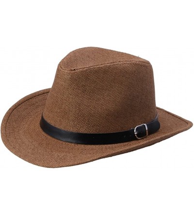 Cowboy Hats Unisex Straw Cowboy Belted Panama Hat Summer Sun Jazz Cap - Coffee - CC11L9QJH4B $12.00