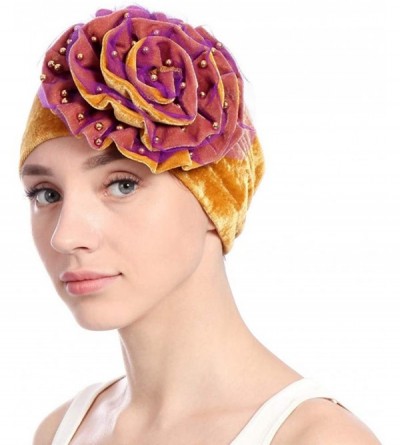 Skullies & Beanies Women Velvet Beading Flower Hat Cancer Chemo Beanie Cap - Gold - CH18HWITXZC $10.97