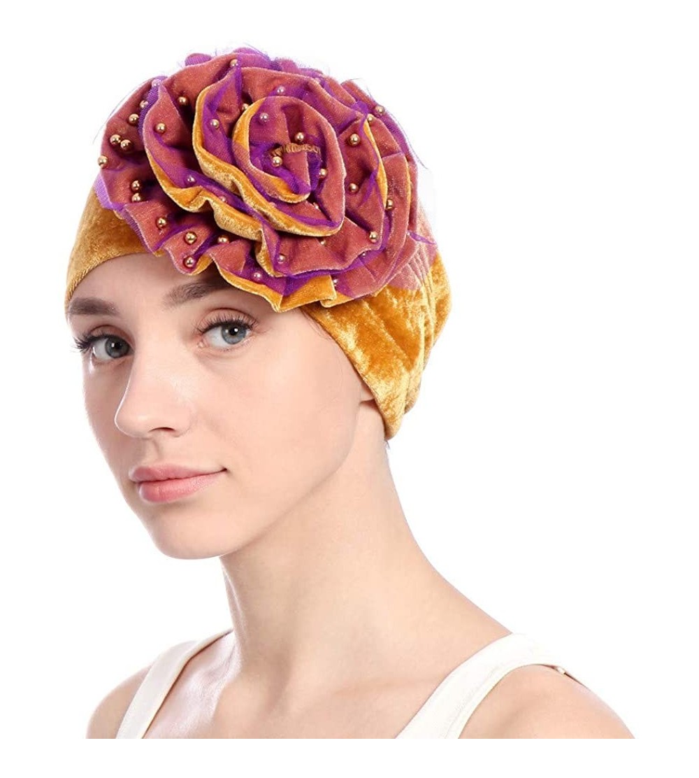 Skullies & Beanies Women Velvet Beading Flower Hat Cancer Chemo Beanie Cap - Gold - CH18HWITXZC $10.97