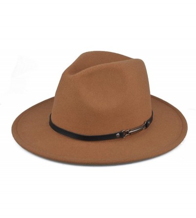 Fedoras Womens Felt Fedora Hat- Wide Brim Panama Cowboy Hat Floppy Sun Hat for Beach Church - Brown - CZ18NAWCHZ4 $31.27
