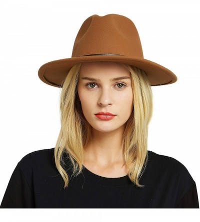 Fedoras Womens Felt Fedora Hat- Wide Brim Panama Cowboy Hat Floppy Sun Hat for Beach Church - Brown - CZ18NAWCHZ4 $10.42