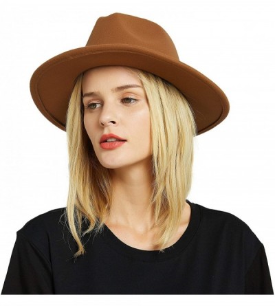 Fedoras Womens Felt Fedora Hat- Wide Brim Panama Cowboy Hat Floppy Sun Hat for Beach Church - Brown - CZ18NAWCHZ4 $10.42