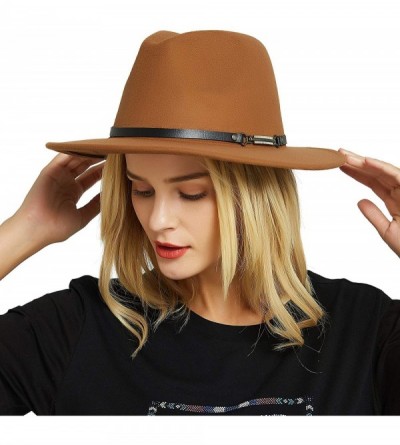 Fedoras Womens Felt Fedora Hat- Wide Brim Panama Cowboy Hat Floppy Sun Hat for Beach Church - Brown - CZ18NAWCHZ4 $10.42