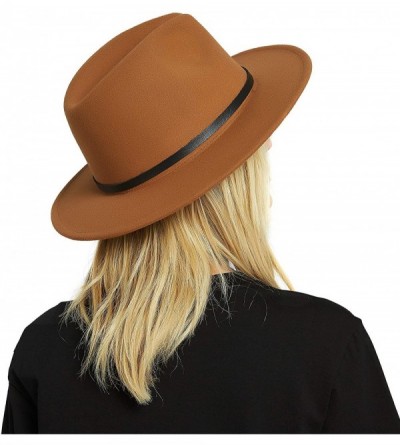 Fedoras Womens Felt Fedora Hat- Wide Brim Panama Cowboy Hat Floppy Sun Hat for Beach Church - Brown - CZ18NAWCHZ4 $26.40