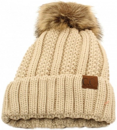 Skullies & Beanies Winter Sherpa Fleeced Lined Chunky Knit Stretch Pom Pom Beanie Hat Cap - Solid Beige - CO18K2AOCSE $13.61