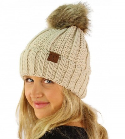 Skullies & Beanies Winter Sherpa Fleeced Lined Chunky Knit Stretch Pom Pom Beanie Hat Cap - Solid Beige - CO18K2AOCSE $13.61