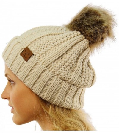 Skullies & Beanies Winter Sherpa Fleeced Lined Chunky Knit Stretch Pom Pom Beanie Hat Cap - Solid Beige - CO18K2AOCSE $13.61