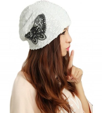 Skullies & Beanies Womens Lace Sequin Butterfly Beanie Hat Cap Turban - White - C4127J3EL1B $9.50