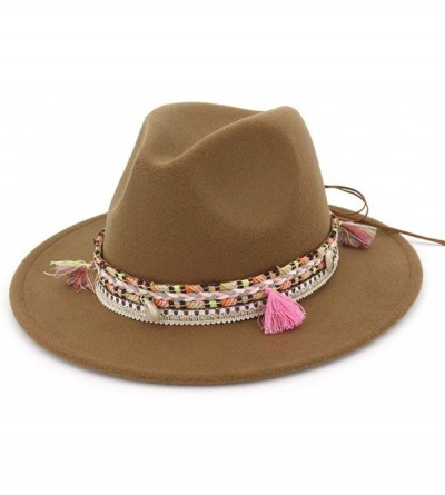 Fedoras Women's Felt Fedora Hat Wide Brim Panama Hats with Tassel - Khaki - CQ18TTQ989Z $27.07