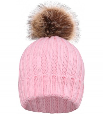 Skullies & Beanies Cute Fluffy Fur Pompom Knit Winter Beanie Hat - Pink - C2188IO43YN $14.83