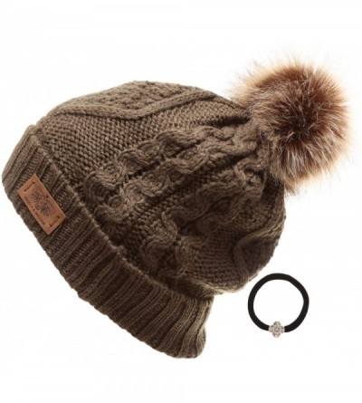 Skullies & Beanies Women's Winter Fleece Lined Cable Knitted Pom Pom Beanie Hat with Hair Tie. - Dark Olive - CC18I7TKLWA $12.05