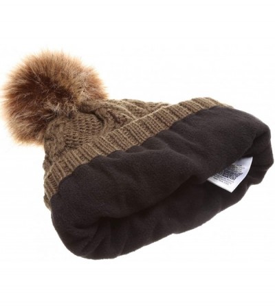 Skullies & Beanies Women's Winter Fleece Lined Cable Knitted Pom Pom Beanie Hat with Hair Tie. - Dark Olive - CC18I7TKLWA $12.05