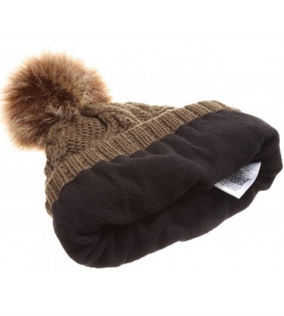 Skullies & Beanies Women's Winter Fleece Lined Cable Knitted Pom Pom Beanie Hat with Hair Tie. - Dark Olive - CC18I7TKLWA $12.05