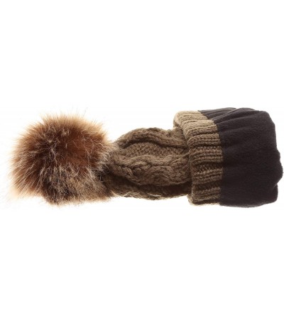 Skullies & Beanies Women's Winter Fleece Lined Cable Knitted Pom Pom Beanie Hat with Hair Tie. - Dark Olive - CC18I7TKLWA $12.05