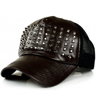 Baseball Caps PU Leather Mesh Back Hedgehog Rivet Cross Snapback Cap FFH133s01YEL - Brown - CR11KCIN11R $21.84