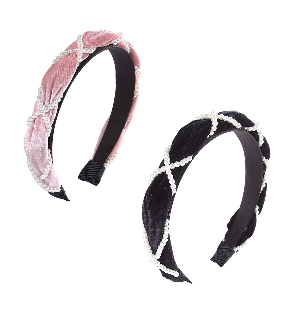 Headbands Velvet Padded Pearl Embellished Headband Large Padded Velvet Races Goth Wedding Headpiece for Women (Pink+Black) - ...