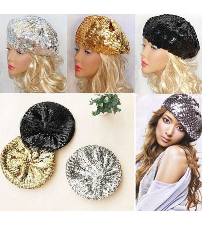 Berets Sparkly Sequins Beret Hat Glitter Mermaid Cap for Dancing Party Fancy Dress - Silver - CX17AZN0RCI $8.92