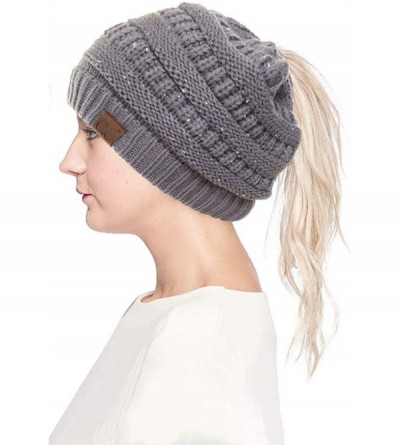 Skullies & Beanies Women Knitted Sparkle Sequin Soft Skull Cap Ponytail Messy Bun Beanie - Light Gray - CX18IC7ICT5 $14.00