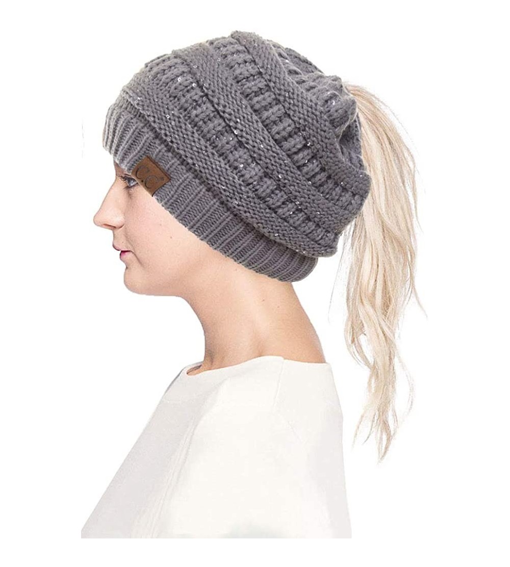 Skullies & Beanies Women Knitted Sparkle Sequin Soft Skull Cap Ponytail Messy Bun Beanie - Light Gray - CX18IC7ICT5 $14.00