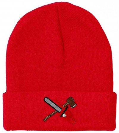 Skullies & Beanies Custom Beanie for Men & Women Lumberjack Chain Saw & Axe Embroidery Acrylic - Red - CO18ZS3O00Z $14.38