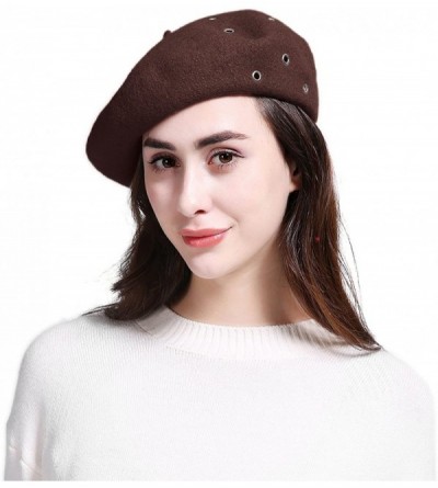 Berets Women's Franch Inspired Wool Felt Beret Hat Bow/Rivet/Floral Appliqued - Rivet-coffee - C21888LKLIQ $11.91