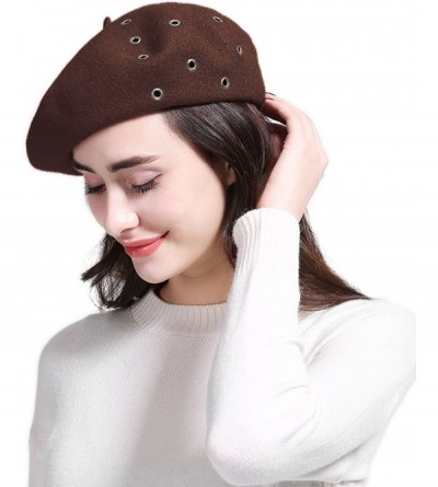 Berets Women's Franch Inspired Wool Felt Beret Hat Bow/Rivet/Floral Appliqued - Rivet-coffee - C21888LKLIQ $11.91