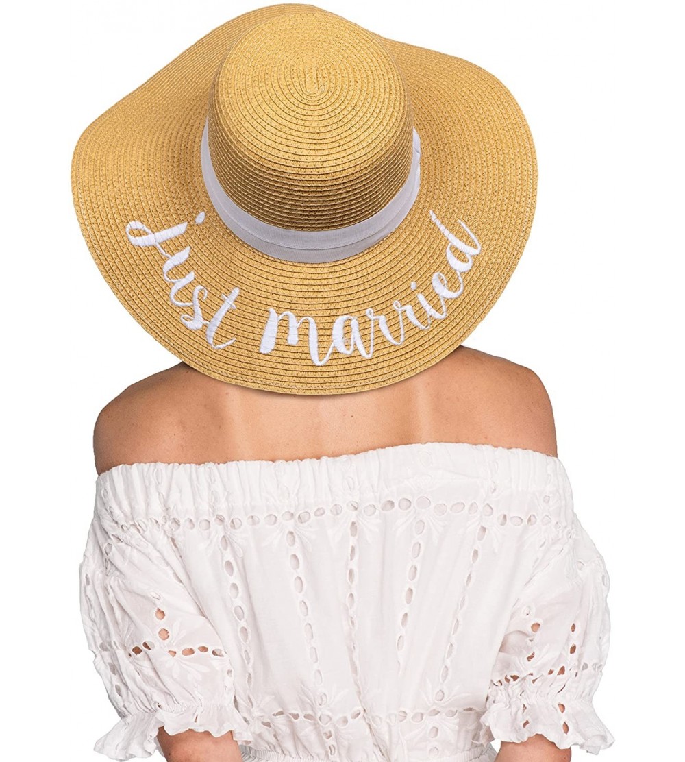 Sun Hats Exclusives Straw Embroidered Lettering Floppy Brim Sun Hat (ST-2017) - Just Married_white - CO18DZA9I0E $17.88