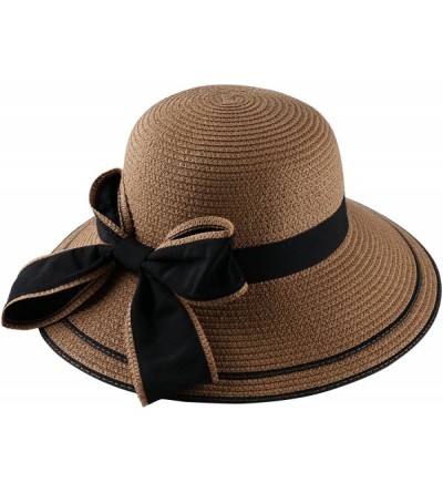 Sun Hats Ladies Women Bucket Straw Hat Bowknot Panama Summer Beach Sun Hat - Tan - CE183L6GNOA $17.82