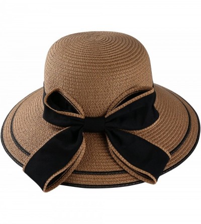 Sun Hats Ladies Women Bucket Straw Hat Bowknot Panama Summer Beach Sun Hat - Tan - CE183L6GNOA $17.82