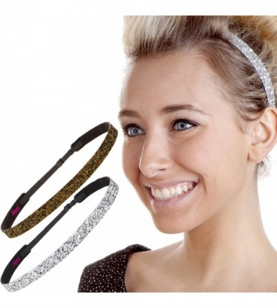 Headbands 2pk Women's Adjustable Non Slip Skinny Bling Glitter Headband Silver Duo Pack - Silver & Brown - CO124WEU2DL $15.15