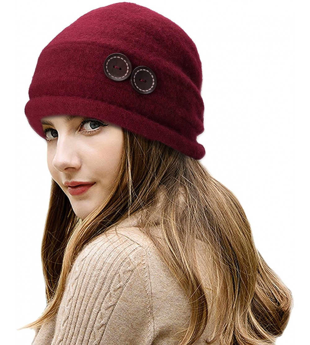 Bucket Hats New Womens 100% Wool Slouchy Wrinkle Button Winter Bucket Cloche Hat T178 - Burgundy - C312MODUIUT $12.97