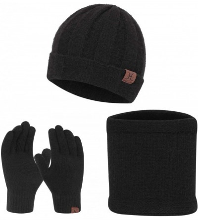 Skullies & Beanies Winter Thick Beanie Hat Scarf Touch Screen Gloves Set Fit for Men Women - B - Black - C2192K75ZSR $11.57