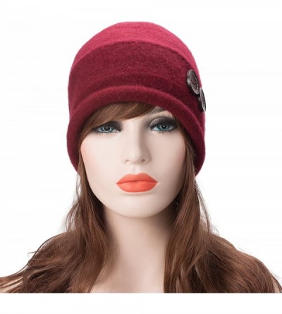 Bucket Hats New Womens 100% Wool Slouchy Wrinkle Button Winter Bucket Cloche Hat T178 - Burgundy - C312MODUIUT $12.97