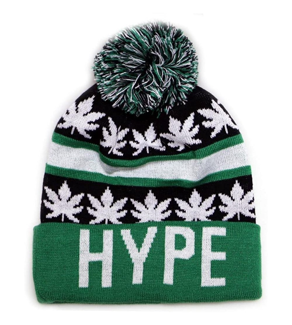 Skullies & Beanies Sk1161 Hype Leaves Pom Pom Beanie Hats - Black/Kelly Green - CF11PLASYVR $16.30