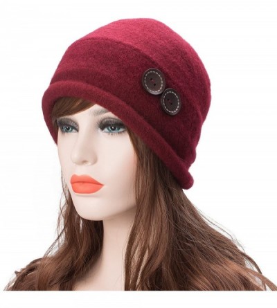 Bucket Hats New Womens 100% Wool Slouchy Wrinkle Button Winter Bucket Cloche Hat T178 - Burgundy - C312MODUIUT $12.97