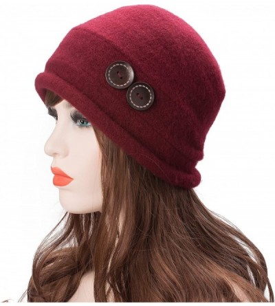 Bucket Hats New Womens 100% Wool Slouchy Wrinkle Button Winter Bucket Cloche Hat T178 - Burgundy - C312MODUIUT $12.97