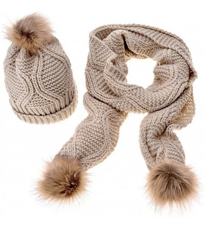 Skullies & Beanies Fashion Women's Warm Crochet Knitted Beanie Hat and Scarf Set with Fur Poms - 4 Khaki - CQ18M3EY20L $16.24