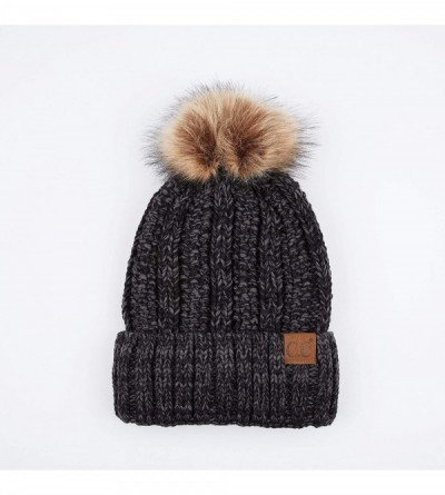 Skullies & Beanies Exclusives Fuzzy Lined Knit Fur Pom Beanie Hat (YJ-820) - Black Mix - C318I6SWM7K $21.27