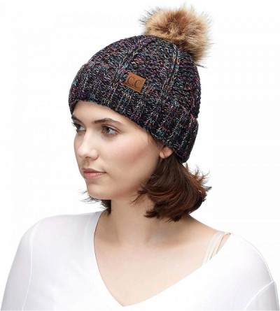 Skullies & Beanies Exclusives Fuzzy Lined Knit Fur Pom Beanie Hat (YJ-820) - Black Mix - C318I6SWM7K $21.27