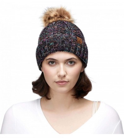 Skullies & Beanies Exclusives Fuzzy Lined Knit Fur Pom Beanie Hat (YJ-820) - Black Mix - C318I6SWM7K $21.27