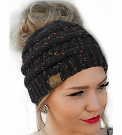 Skullies & Beanies Quality Knit Messy Bun Hat Beanie - Black Flecked - C41880HUODE $13.76